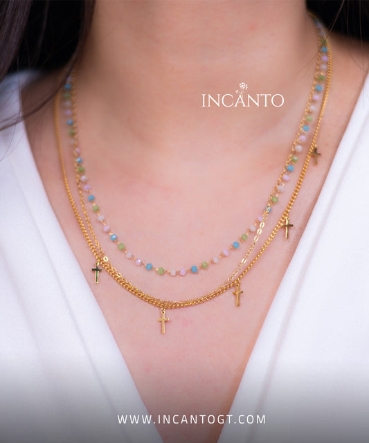 Collar Triple con Piedras Celestes y Cruces GOLD